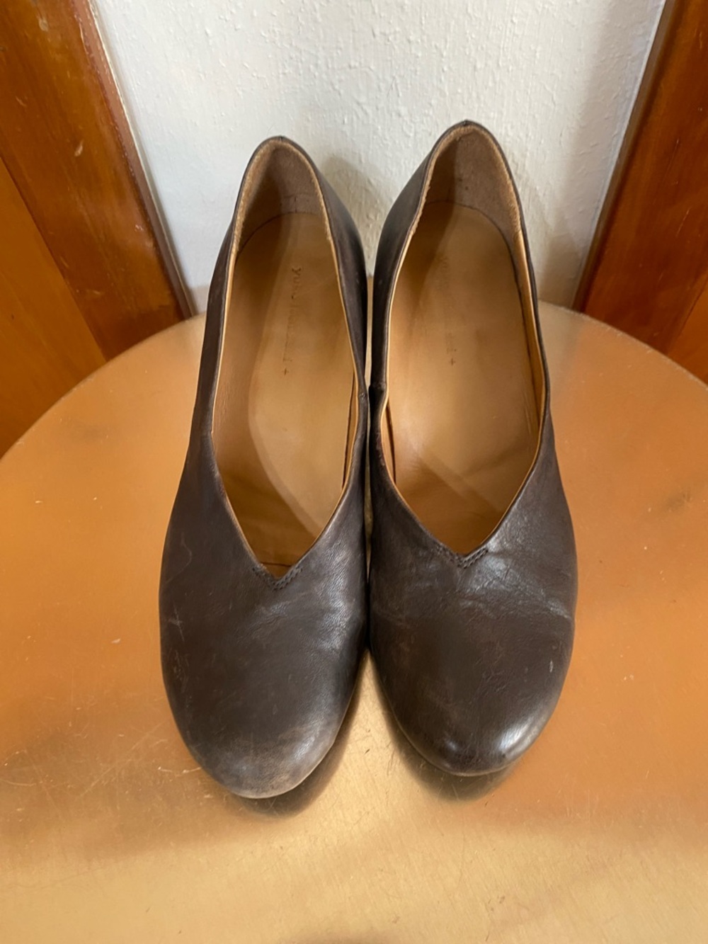 Distressed Brown Gray Leather Slip-On Low Wedge Wood Minimalist Lagenlook Edgy